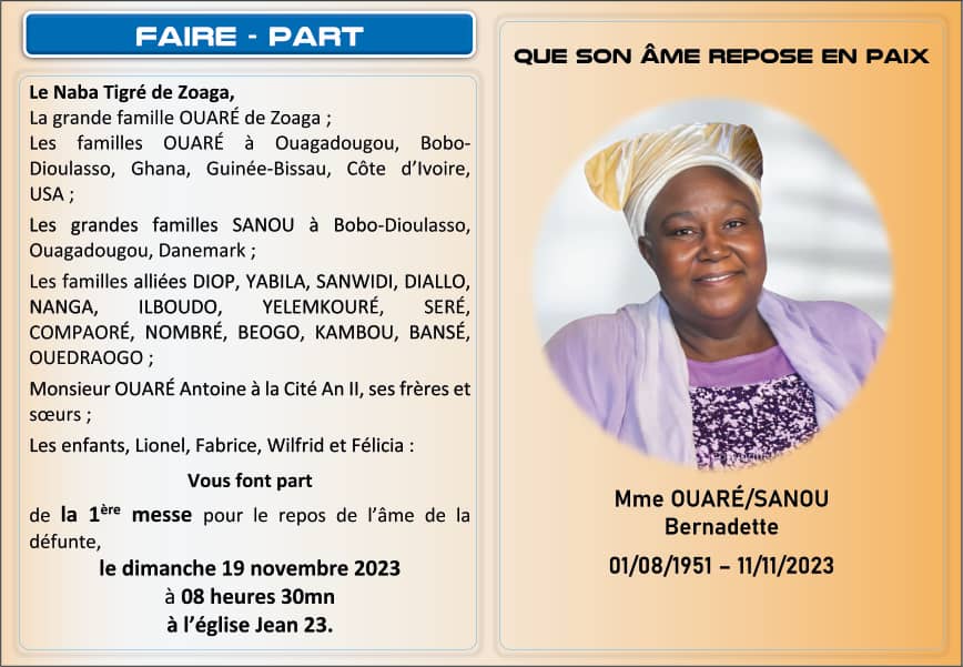 Décès de Ouaré/Sanou Bernadette : Faire part 