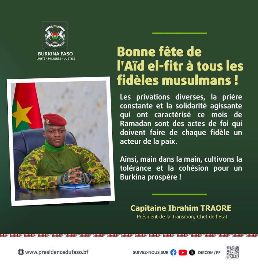 Aïd el-fitr 2024 : Le capitaine Ibrahim Traoré invite les Burkinabè à cultiver la tolérance et la cohésion pour un Burkina prospère