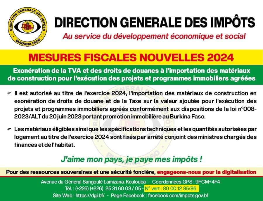 Burkina : Les matériaux de construction pour l’exécution des projets immobiliers agréés exonérés de TVA et de droits de douanes en 2024