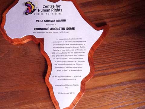 Droits de l’Homme : Kounkinè Augustin Somé lauréat du Prix Vera Chirwa de l’Université de Pretoria