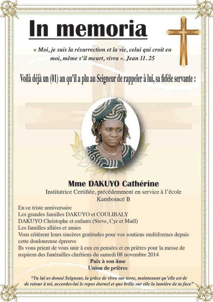 In memoria : Mme DAKUYO Cathérine