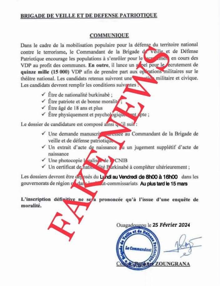 Burkina/Recrutement de 15 000 VDP : Une « fake news », selon la BVDP